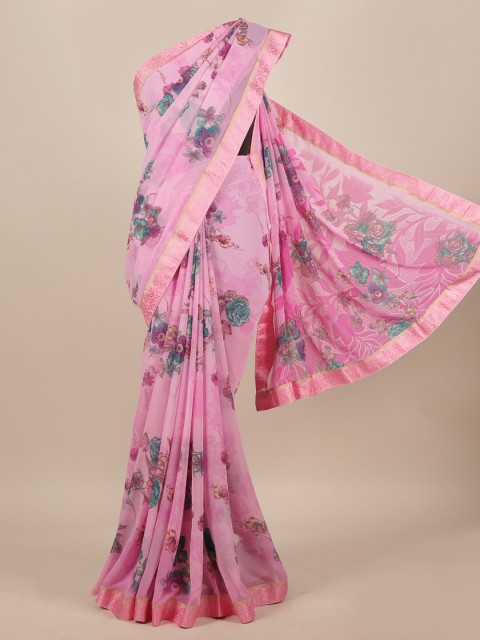 

Pothys Pink & Blue Floral Poly Chiffon Saree