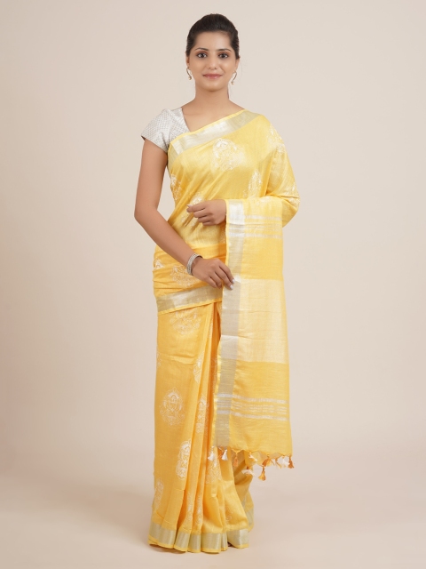 

Pothys Yellow & White Ethnic Motifs Zari Pure Linen Saree