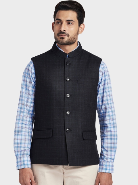 

ColorPlus Men Navy Blue Checked Tailored Fit Nehru Jacket