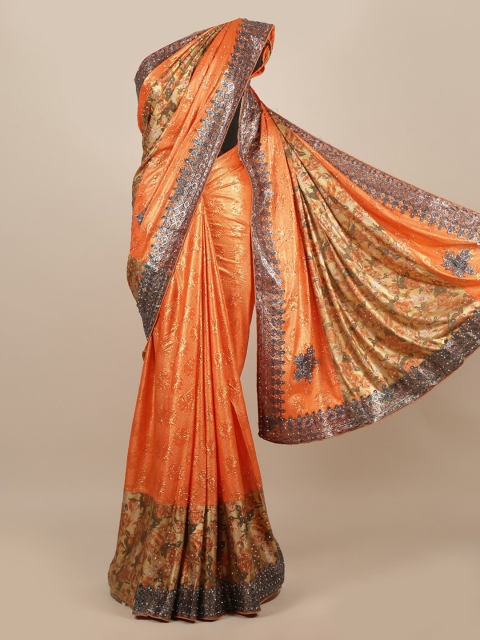 

Pothys Orange Floral Printed Jute Silk Saree