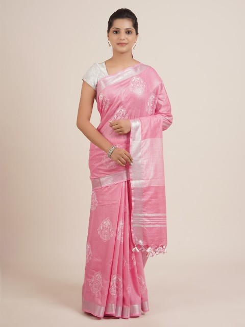 

Pothys Pink & Silver-Coloured Ethnic Motifs Zari Pure Linen Saree