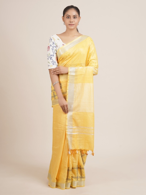 

Pothys Yellow Embroidered Linen Blend Saree