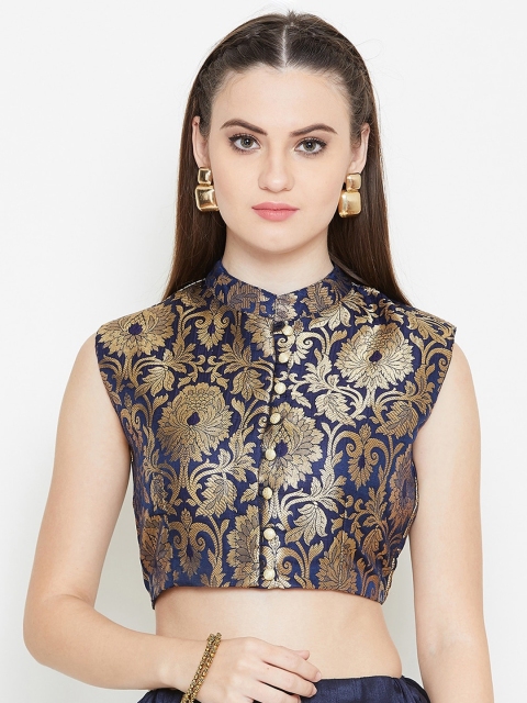 

studio rasa Navy Blue & Gold-Toned Mandarin Collar Pure Silk Brocade Crop Top