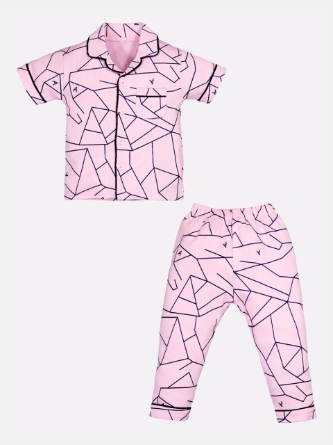 

BABY GO Girls Pink & Blue Printed Pure Cotton Night suit