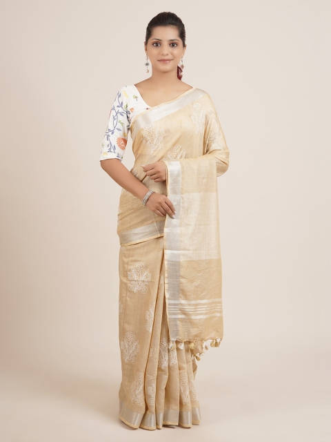 

Pothys Cream-Coloured & White Floral Zari Pure Linen Saree