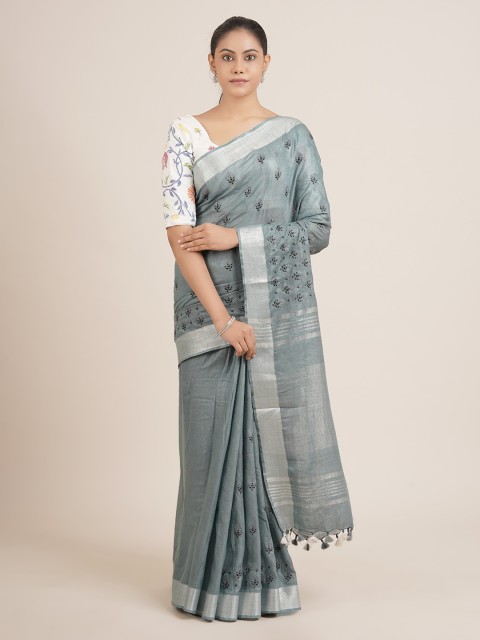 

Pothys Grey & Silver-Toned Woven Design Zari Linen Blend Saree