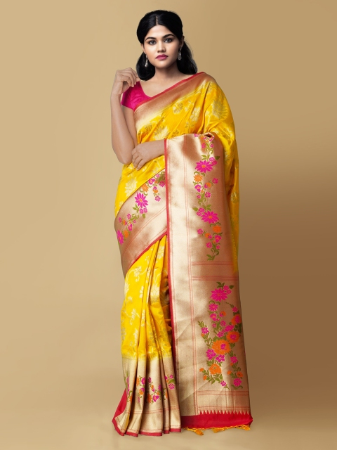 Unnati Silks Yellow & Red Woven Design Zari Silk Cotton Heavy Work Saree Banarasi