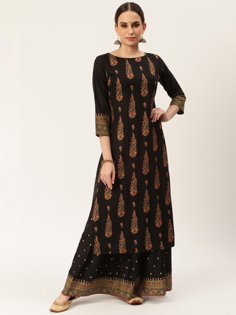 

Rustorange Women Black Ethnic Motifs Printed Panelled A-Line Kurti with Skirt