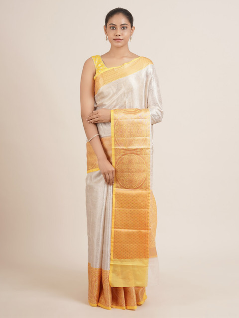 

Pothys Cream-Coloured & Yellow Ethnic Motifs Zari Tissue Saree