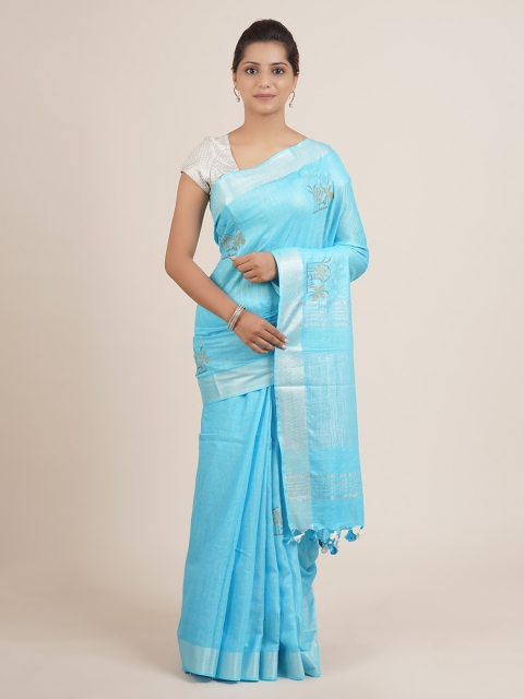 

Pothys Blue & Silver Ethnic Motifs Embroidered Pure Linen Saree