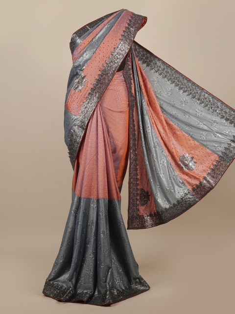 

Pothys Grey & Peach-Coloured Colourblocked Jute Silk Saree