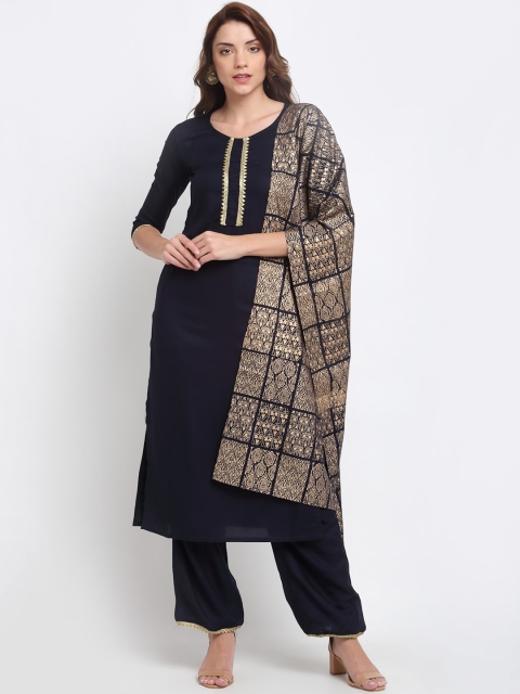 

KALINI Women Navy Blue Colourblocked Layered A-Line Kurti with Trousers & With Dupatta