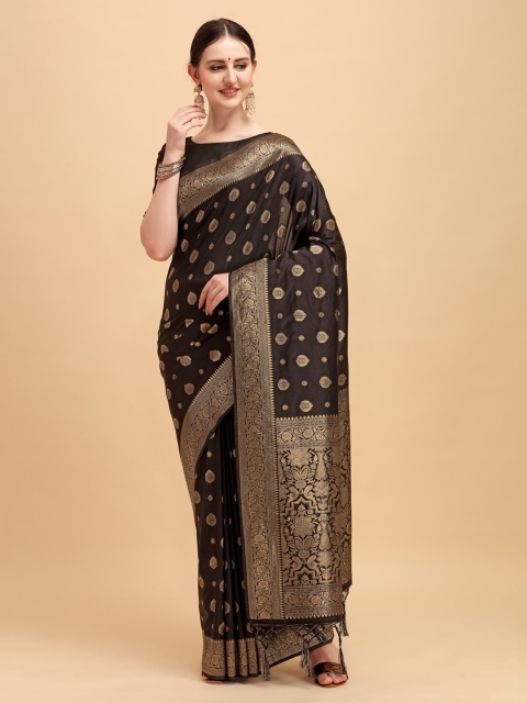 

House of Pataudi Black Ethnic Motifs Zari Woven Silk Blend Traditional Jashn Saree