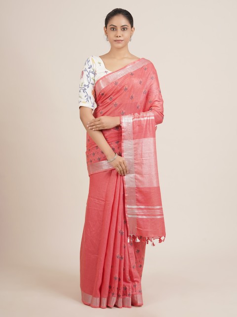 

Pothys Peach-Coloured & Silver-Toned Woven Design Zari Linen Blend Saree