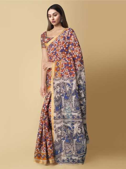 

Unnati Silks Red & Beige Kalamkari Zari Pure Cotton Kanjeevaram Handloom Saree