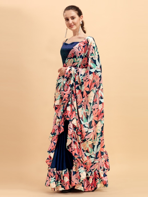 

Sangria Navy Blue & Coral Pink Floral Satin Ruffled Saree