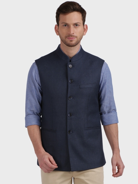 

ColorPlus Men Navy Blue Solid Tailored Fit Nehru Jacket