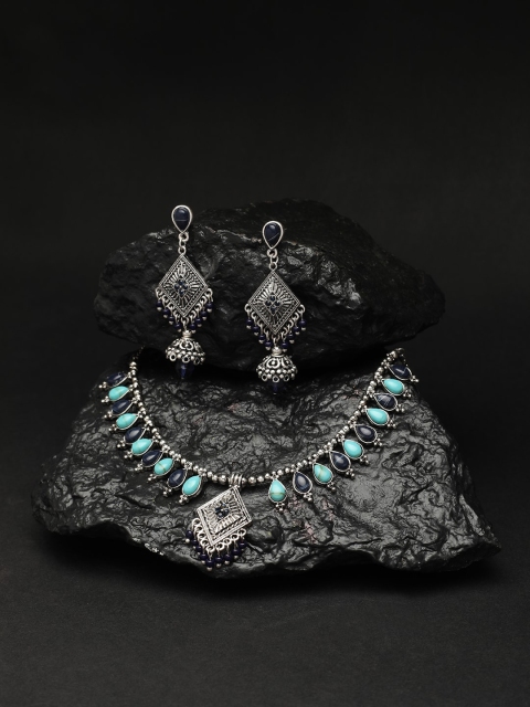 

Accessorize Oxidised Silver-Plated Navy-Blue Stones & Beads-Studded Jewellery Set