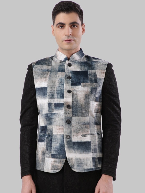 

Ethnix by Raymond Men White & Grey Solid Woven Nehru Jacket