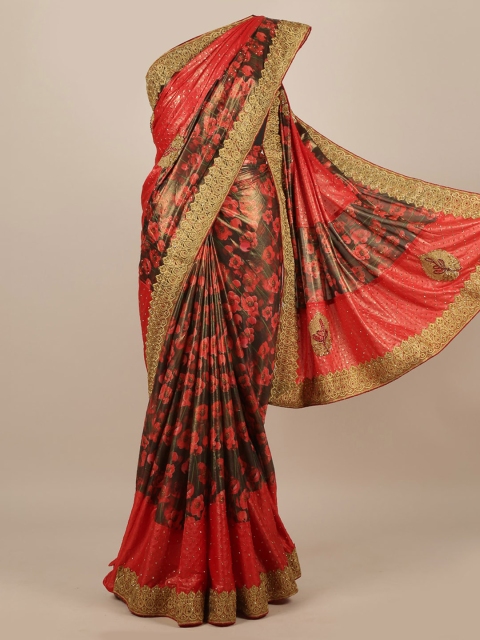 

Pothys Red & Black Floral Beads and Stones Jute Silk Heavy Work Saree