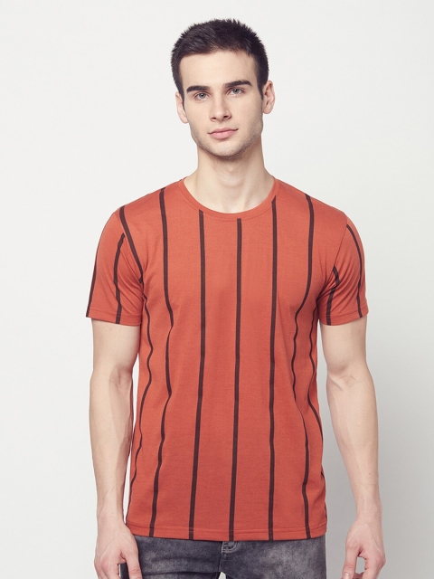

ELEGANCE Men Rust Brown Striped T-shirt