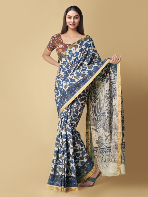 

Unnati Silks Cream-Coloured Kalamkari Zari Pure Cotton Kanjeevaram Saree