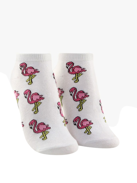 

FOREVER 21 Women White & Pink Flamingo Print Ankle-Length Socks