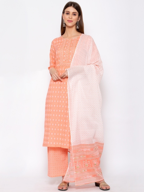 

Yuris Women Peach Printed Pure Cotton Kurta with Palazzos & With Dupatta