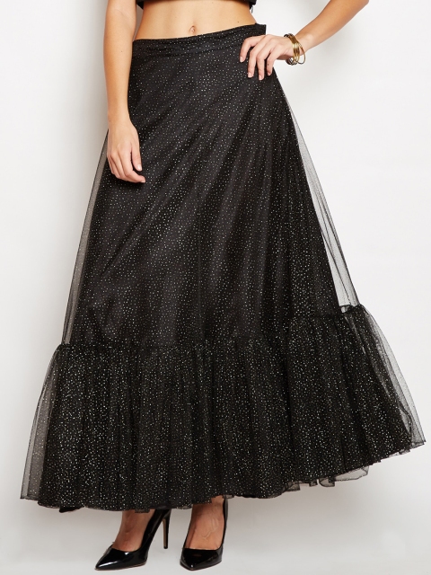 studio rasa Women Black & Silver-Coloured Embellished Speckled Tiered Maxi Skirt