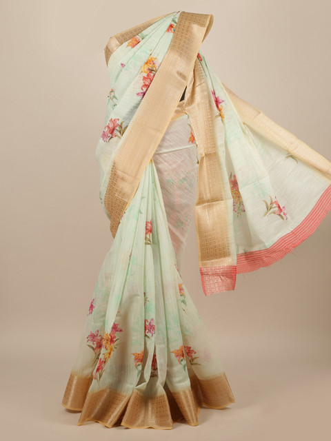 

Pothys Green & Orange Floral Zari Jute Silk Saree