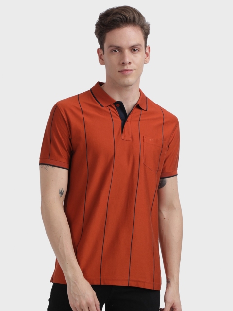 

ColorPlus Men Rust Orange Striped Polo Collar T-shirt