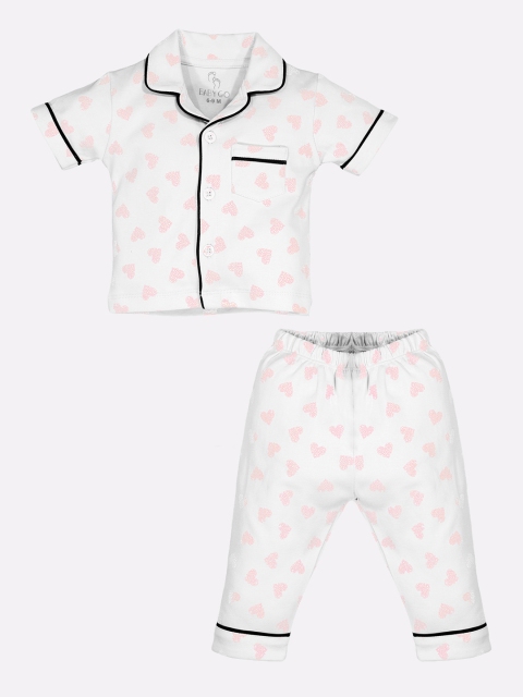 

BABY GO Girls White & Pink Printed Pure Cotton Night suit