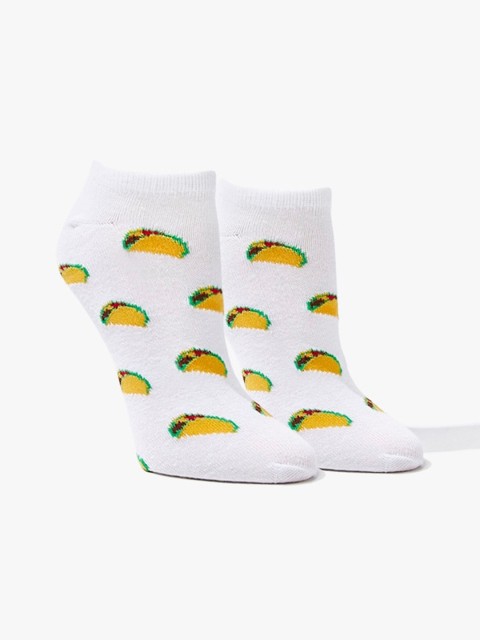 

FOREVER 21 Women White & Yellow Taco Print Ankle Length Socks