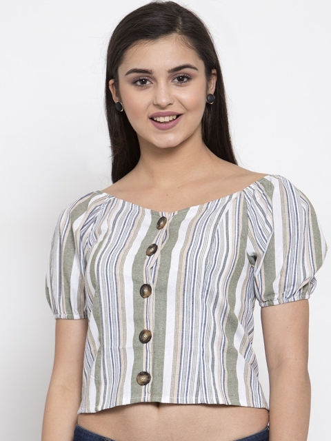 Global Republic White & Green Striped Puff Sleeve Regular Crop Top