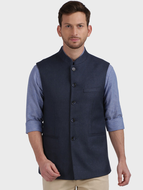 

ColorPlus Men Navy Blue Solid Tailored Fit Nehru Jacket
