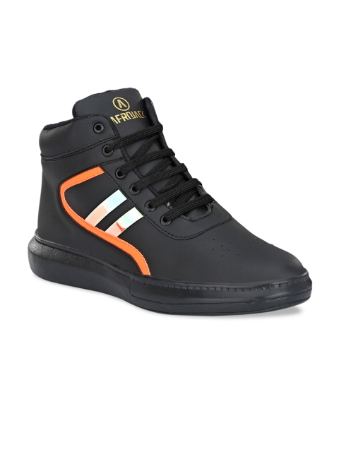 

AfroJack Men Black & Orange Striped Mid-Top Sneakers