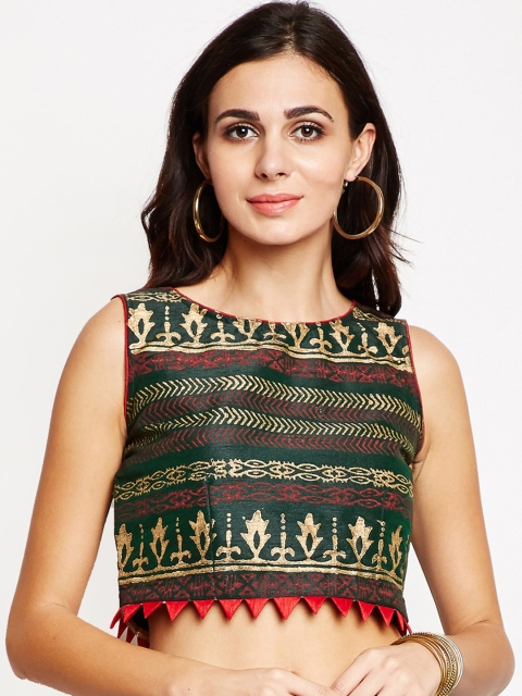 

studio rasa Green & Gold-Toned Block Printed Regular Crop Top