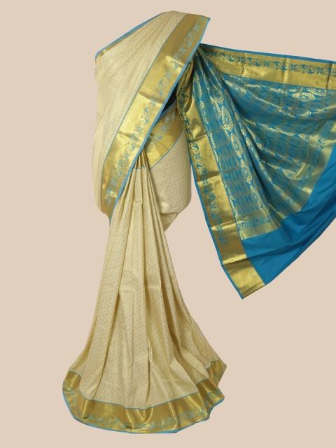 

Pothys Off White & Blue Woven Design Zari Pure Silk Kanjeevaram Saree