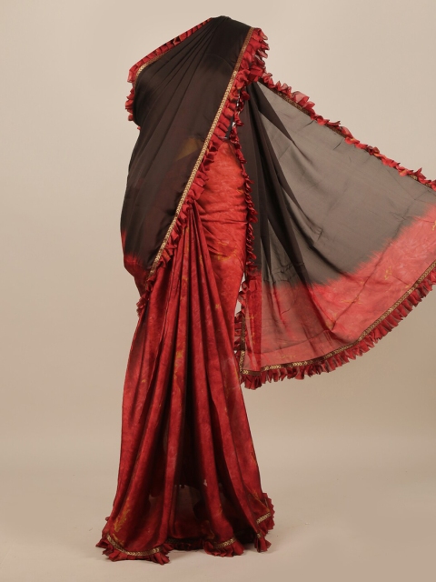 

Pothys Maroon & Brown Colourblocked Poly Chiffon Saree