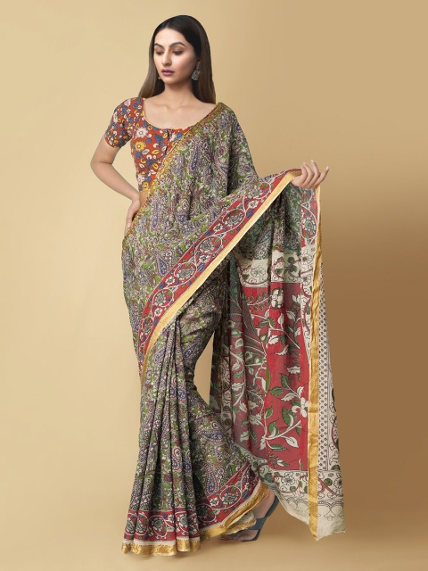 

Unnati Silks Green & Rust Brown Kalamkari Zari Pure Cotton Kanjeevaram Saree