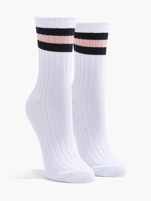 

FOREVER 21 Women White & Black Varsity-Striped Patterned Above Ankle-Length Socks