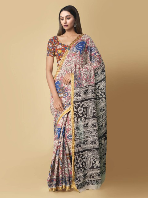 

Unnati Silks Pink Kalamkari Pure Cotton Kanjeevaram Saree