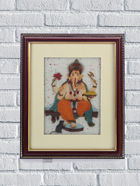 

Aapno Rajasthan Multicoloured Wood Gemstone Ganesh Figure Wall Painting, Multi
