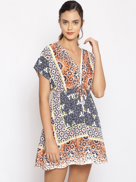 

Oxolloxo Women Blue & Pink Geometric Scarf Printed Beachwear Cover-up Dress