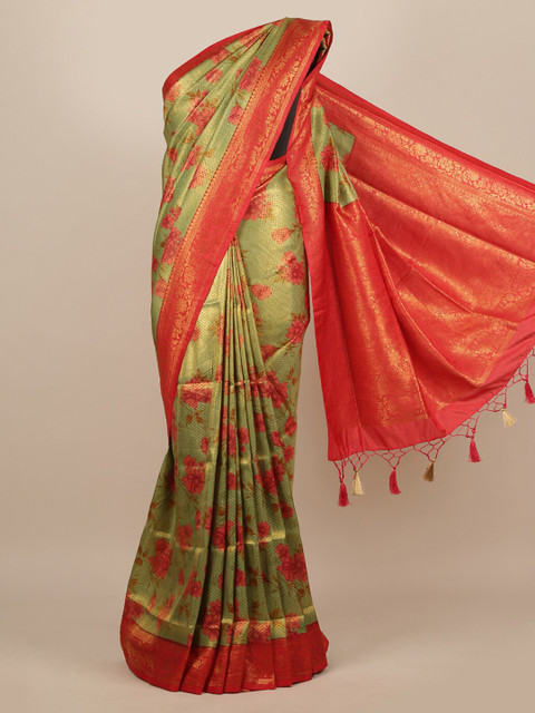 

Pothys Green & Red Floral Zari Jute Silk Saree