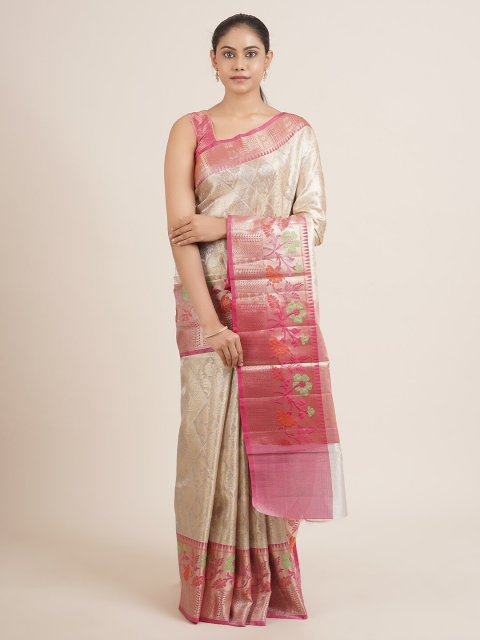 

Pothys Cream-Coloured & Pink Ethnic Motifs Zari Tissue Saree
