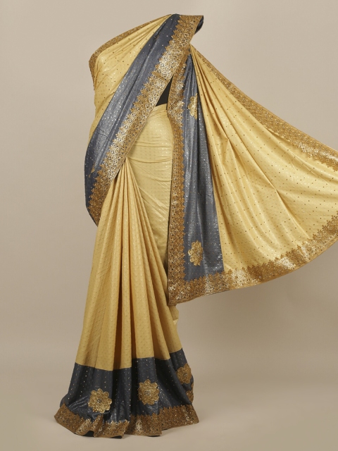 

Pothys Gold-Toned & Grey Embellished Beads and Stones Jute Silk Saree