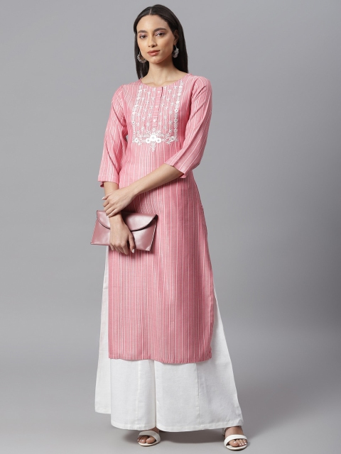 

Janasya Women Pink Floral Embroidered Straight Kurta with Palazzo