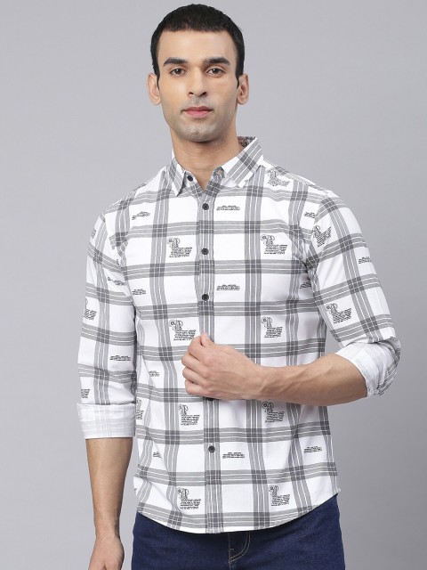 

Dennis Lingo Men White & Grey Slim Fit Checked Cotton Casual Shirt