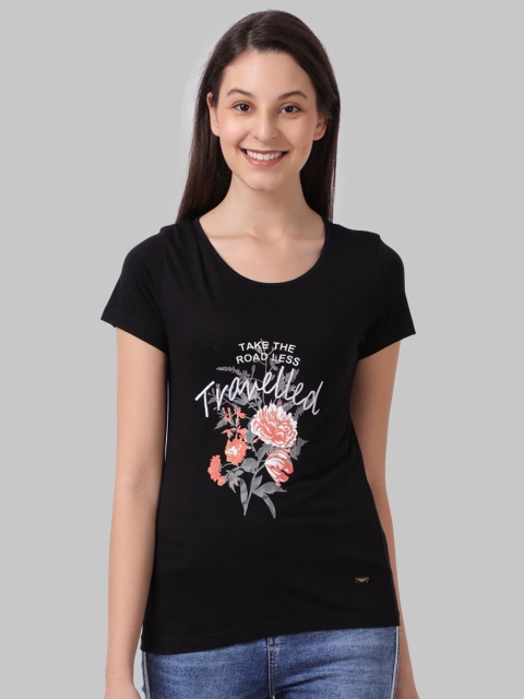 

Park Avenue Woman Women Black Floral 1 NA Printed Extended Sleeves T-shirt Applique